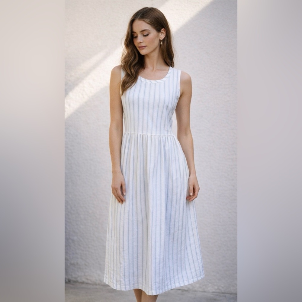 Vintage Coastal CottageCore 100% Cotton Sleeveless Striped Maxi Dress Sz M USA